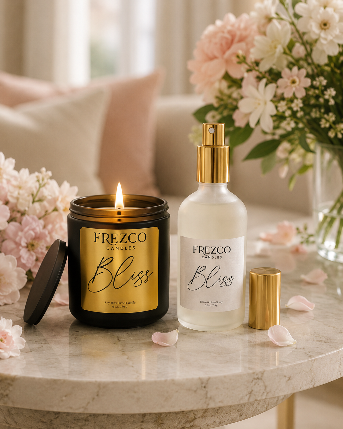 Bliss – Floral Blossoms & Peach Natural Wax Candle | 6 oz Gift Size - Frezco Candles