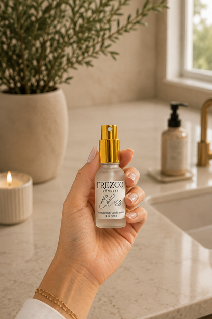 A hand holds a small bottle of FREZCO sanitizer spray 'Bliss' hand wash in a bright, modern bathroom setting with a marble countertop, potted plant, and candle.