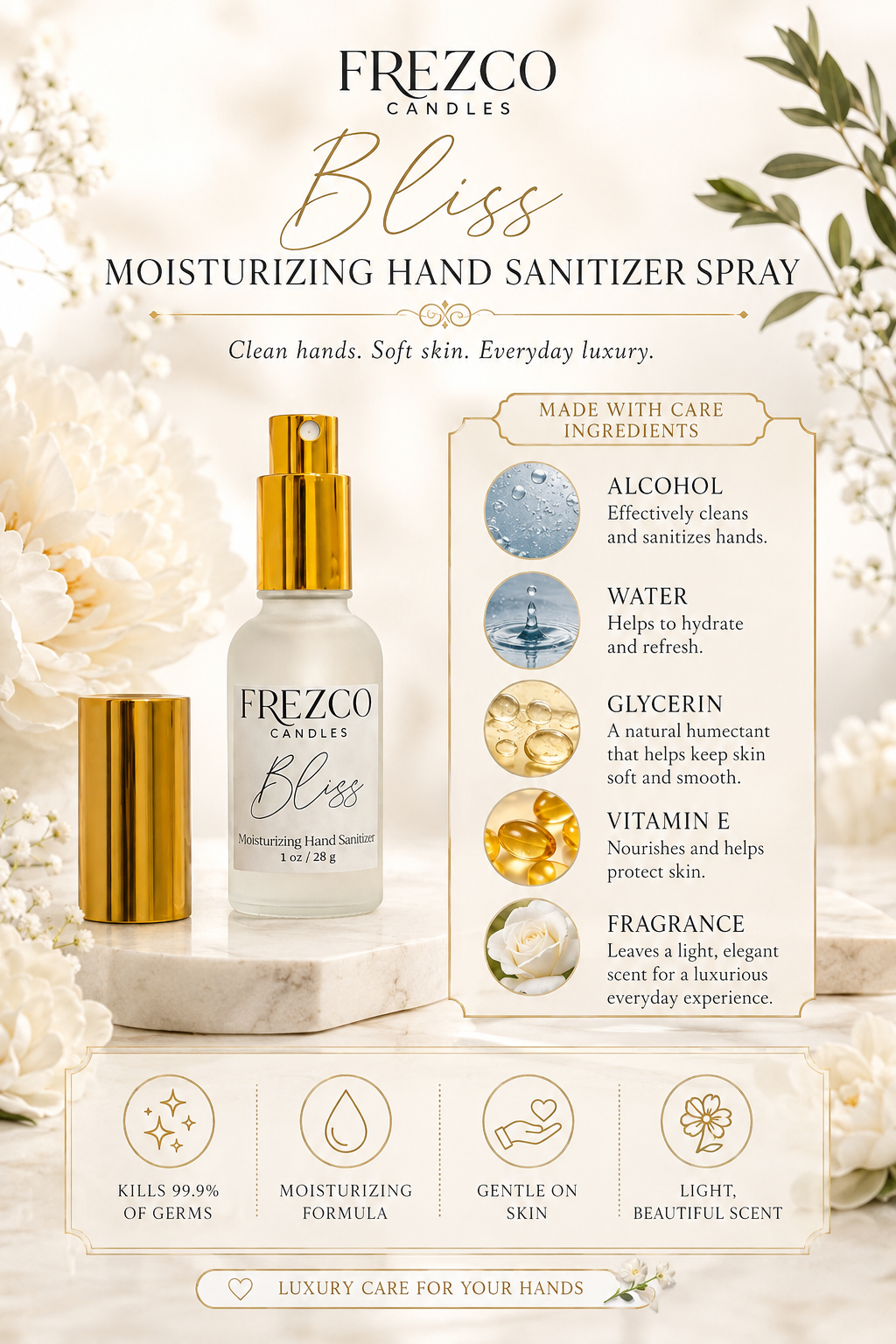 Frezco Candles Bliss Moisturizing Hand Sanitizer Spray bottle with a gold cap, shown alongside its cap on a cream background with decorative floral elements and informational text about ingredients and benefits.