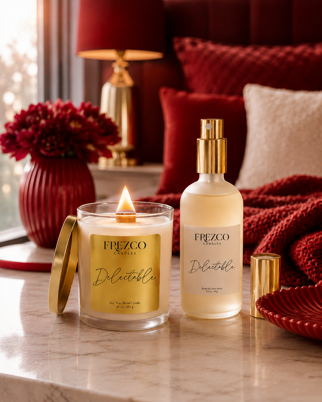 Frezco Delectable candle and room spray on a marble surface with decorative background