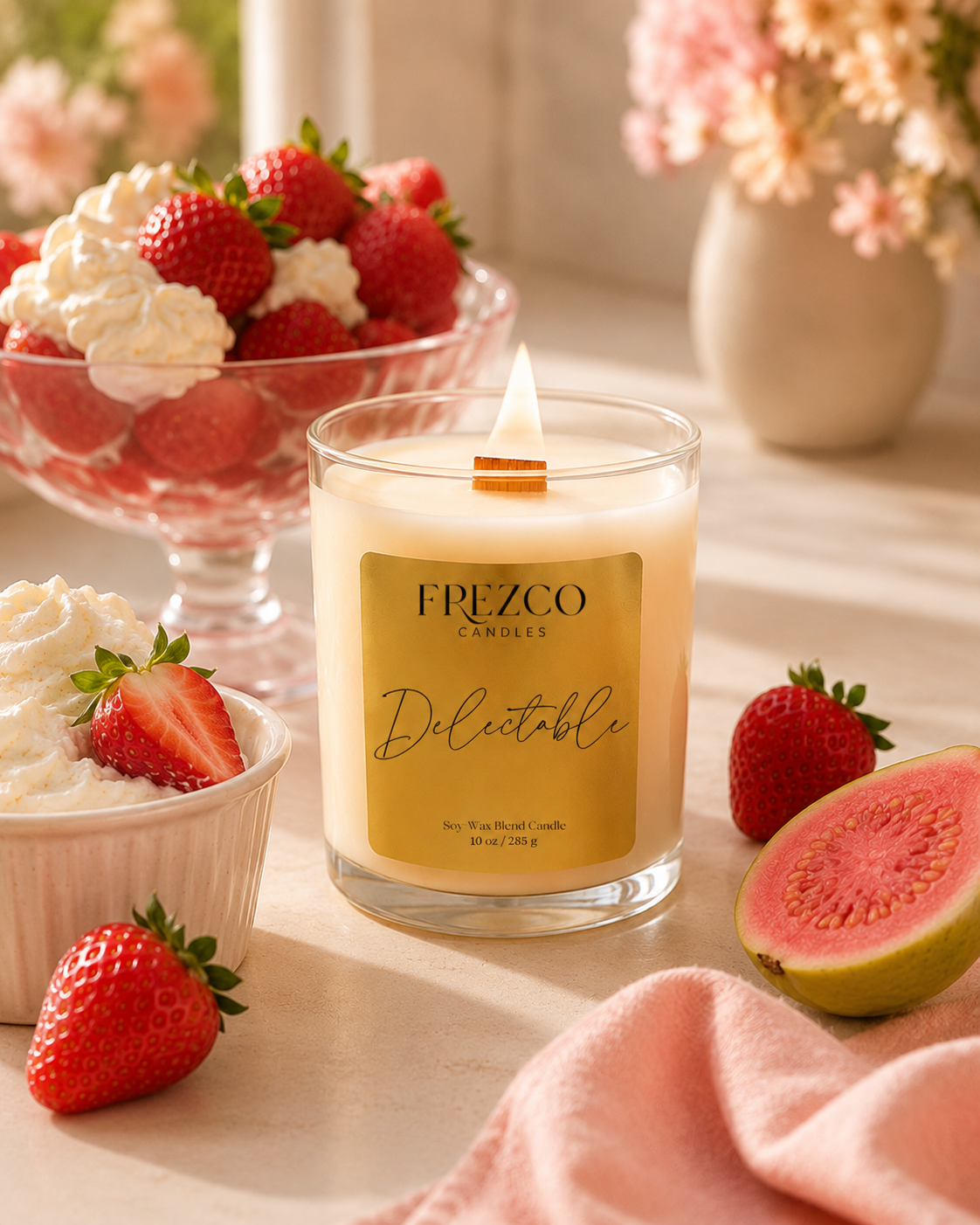 Frezco candle labeled 'Delectable' with strawberries and whipped cream on a table.