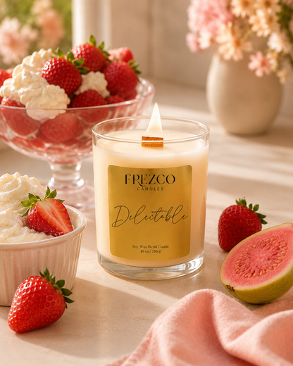 Frezco candle labeled 'Delectable' with strawberries and whipped cream on a table.