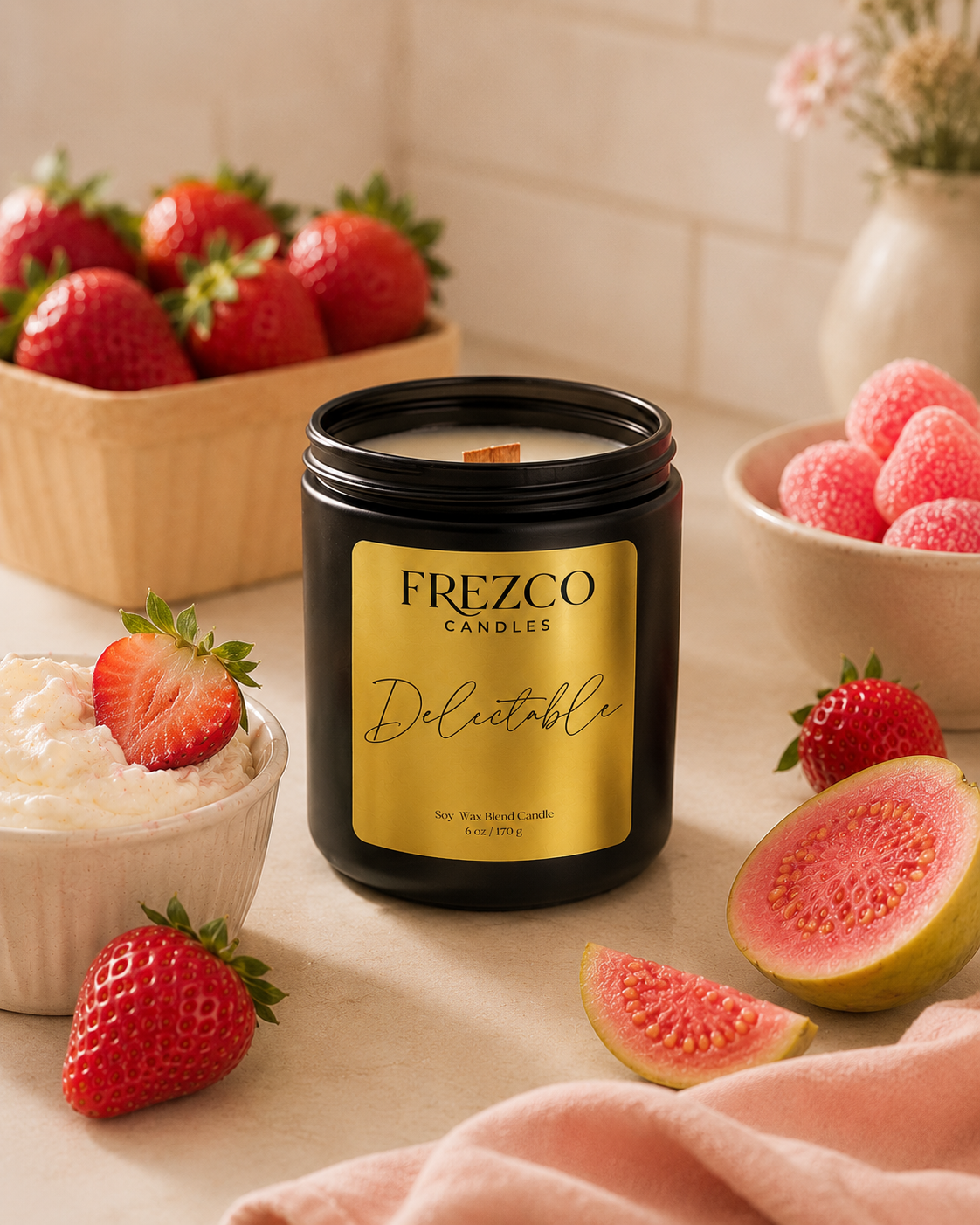 Frezco Candles Delectable candle on a table with strawberries and guava.
