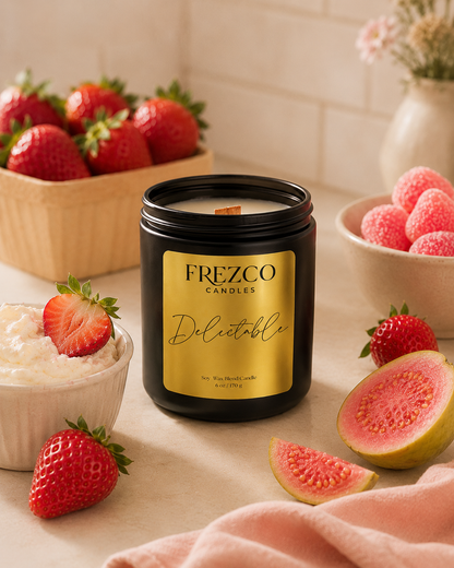 Frezco Candles Delectable candle on a table with strawberries and guava.