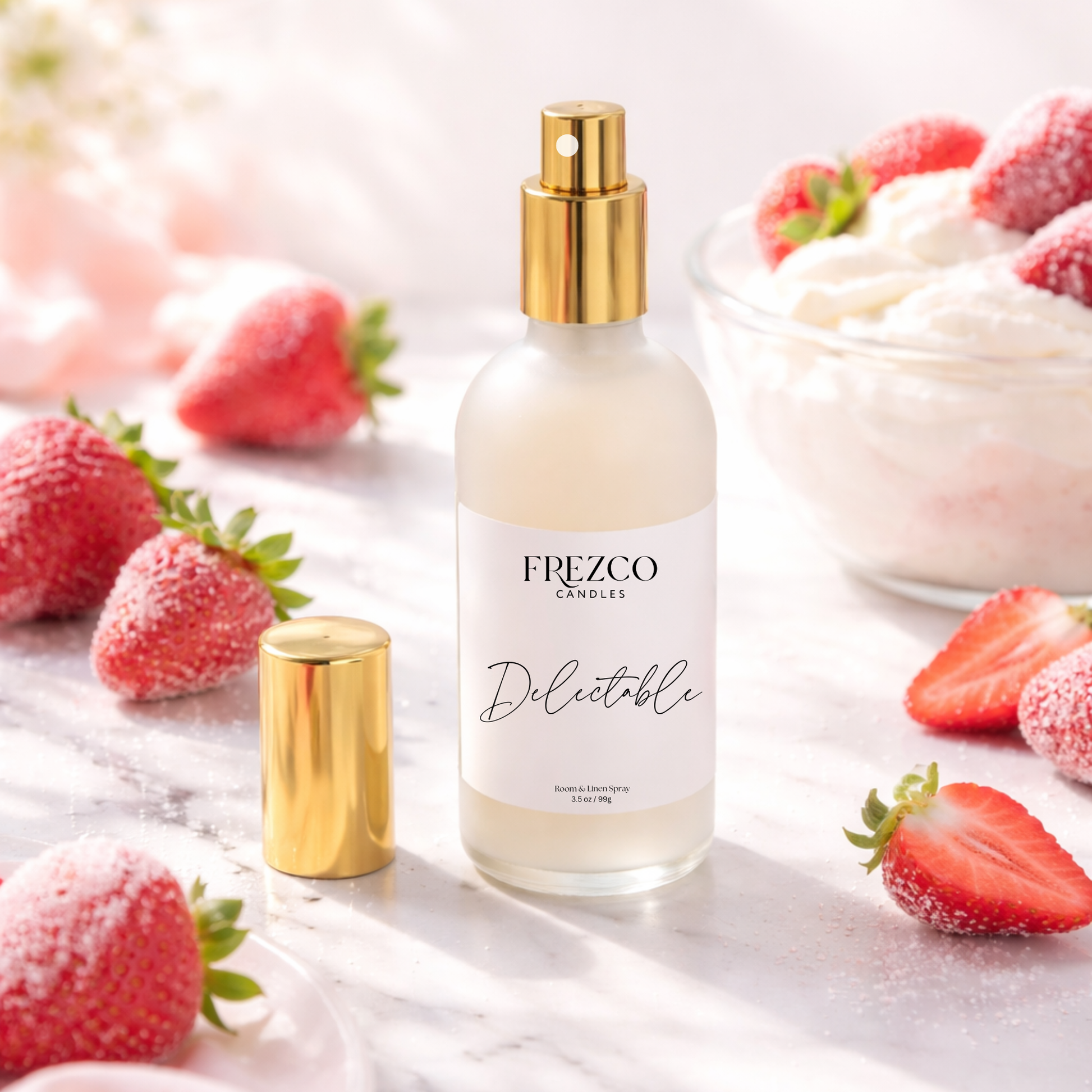 Frezco  CandlesDelectable spray bottle with gold cap on a marble surface with strawberries and cream.