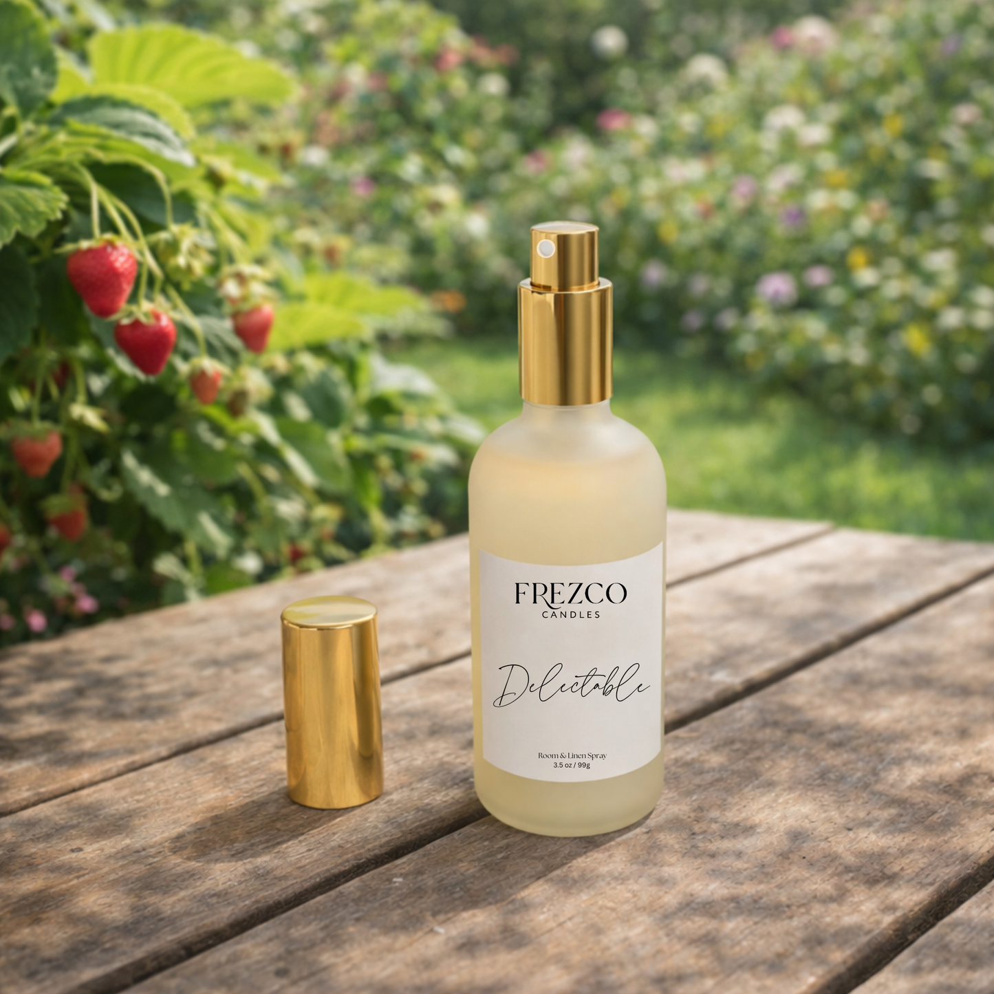 Frezco Candles Delectable spray bottle with gold cap on a wooden surface with a garden and strawberries background