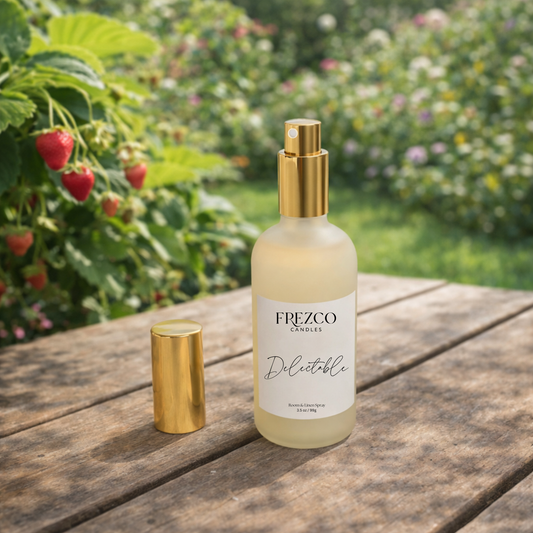 Frezco Candles Delectable spray bottle with gold cap on a wooden surface with a garden and strawberries background