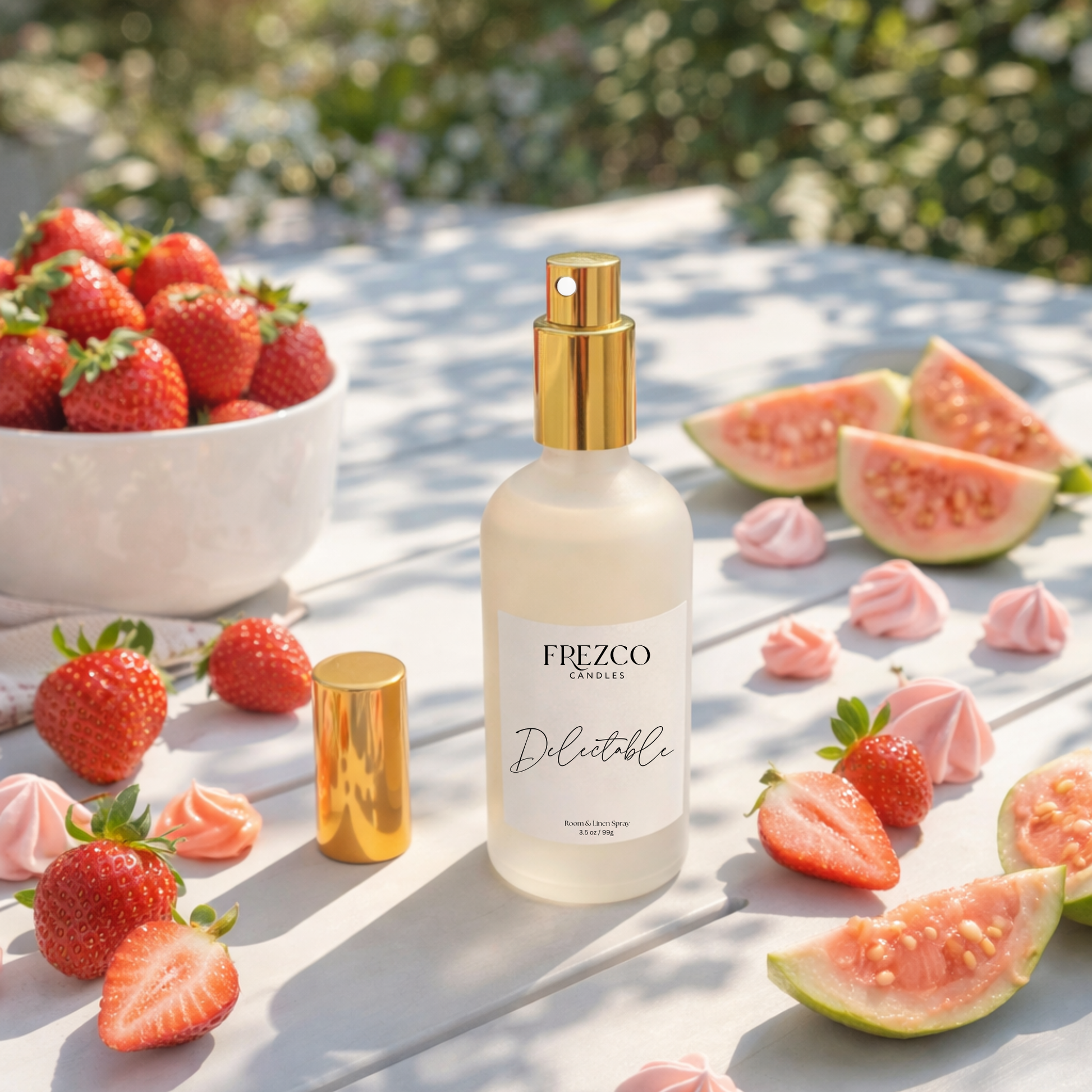 Frezco Candles Delectable spray bottle with strawberries and guava on a table