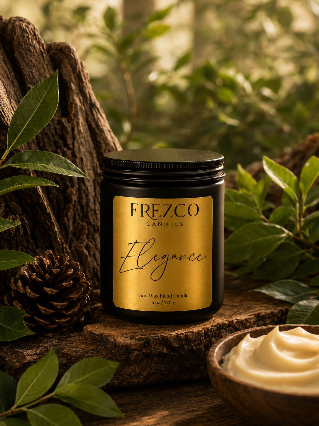 Frezco Candles Elegance candle on a wooden surface with leaves and a pine cone in the background