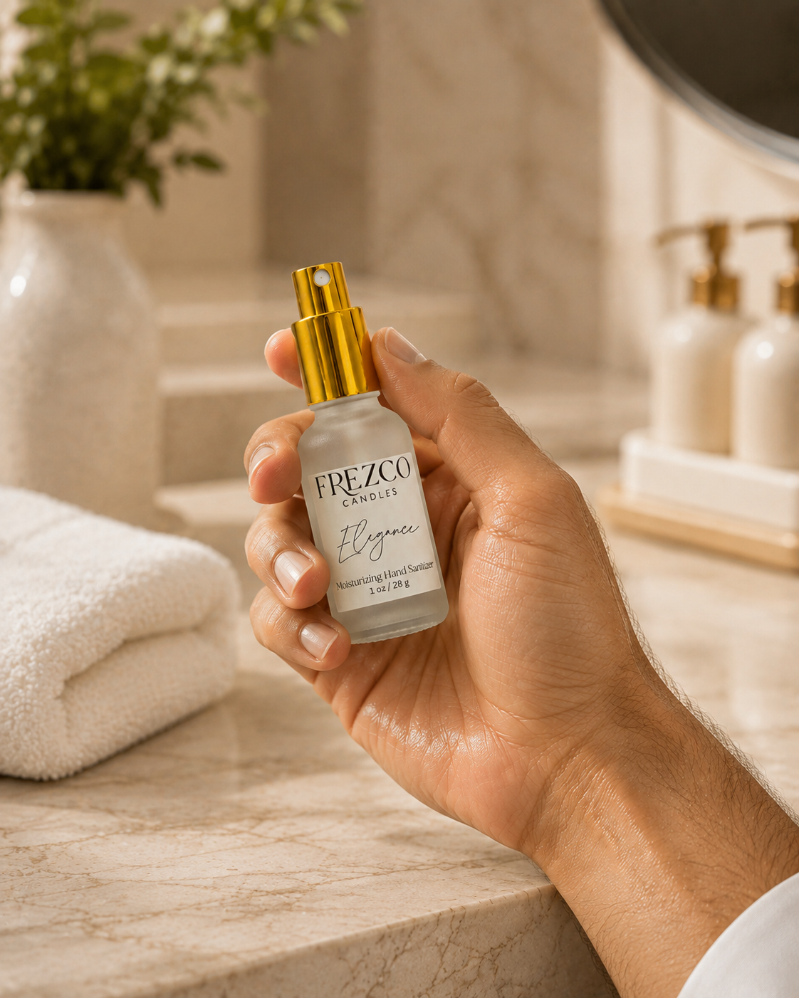 A hand holding a bottle of Frezco Candle El Greco fragrance oil in a warm, beige-toned bathroom setting.