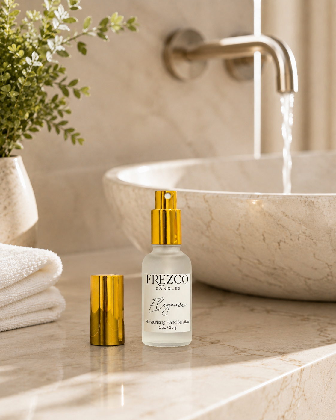 FREZCO Candles Elegance moisturizing hand lotion in a frosted glass bottle with a gold pump, displayed on a marble bathroom counter next to its gold cap, with a running faucet and a plant in the background.