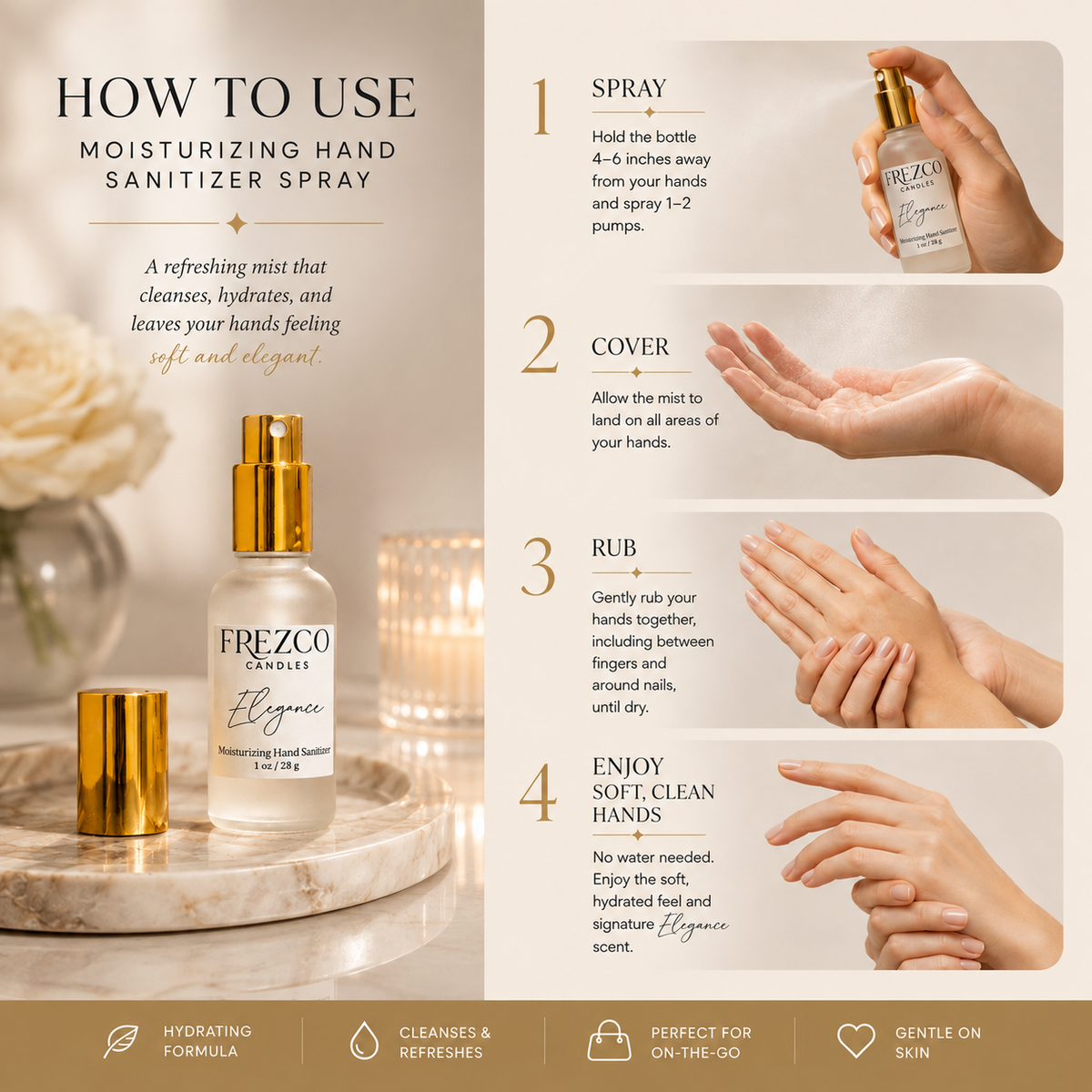 Elegance Moisturizing Hand Sanitizer Spray – 1 oz by Frezco Candles - Frezco Candles