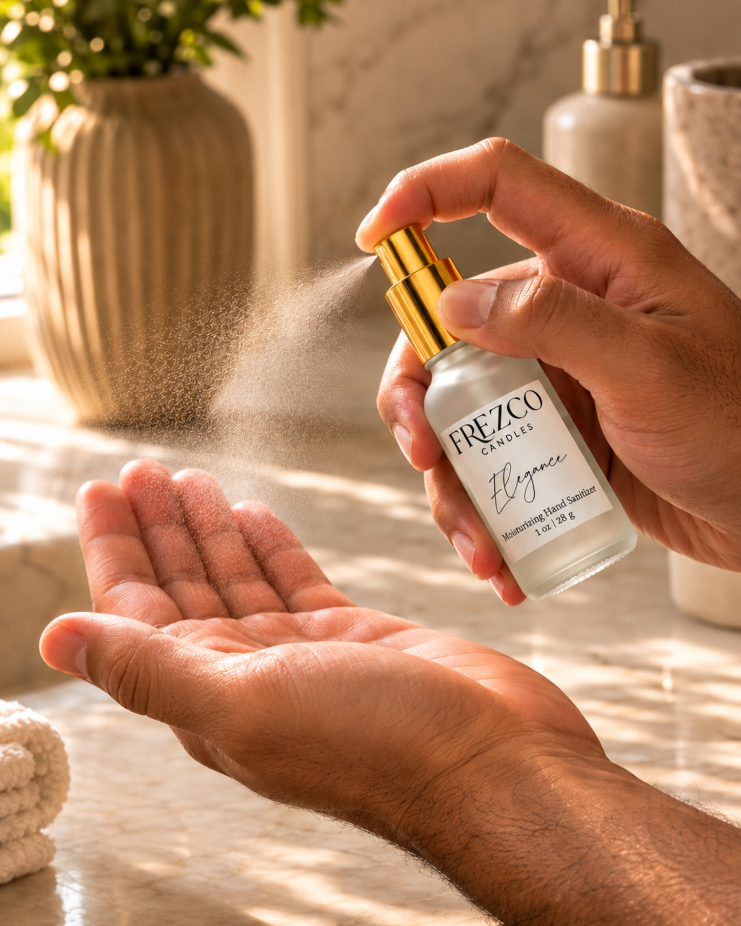 A person's hands holding a bottle of Frezzo Milano Elegance Hand & Foot Mist, spraying a fine mist onto the other hand in a bright, sunlit bathroom setting.