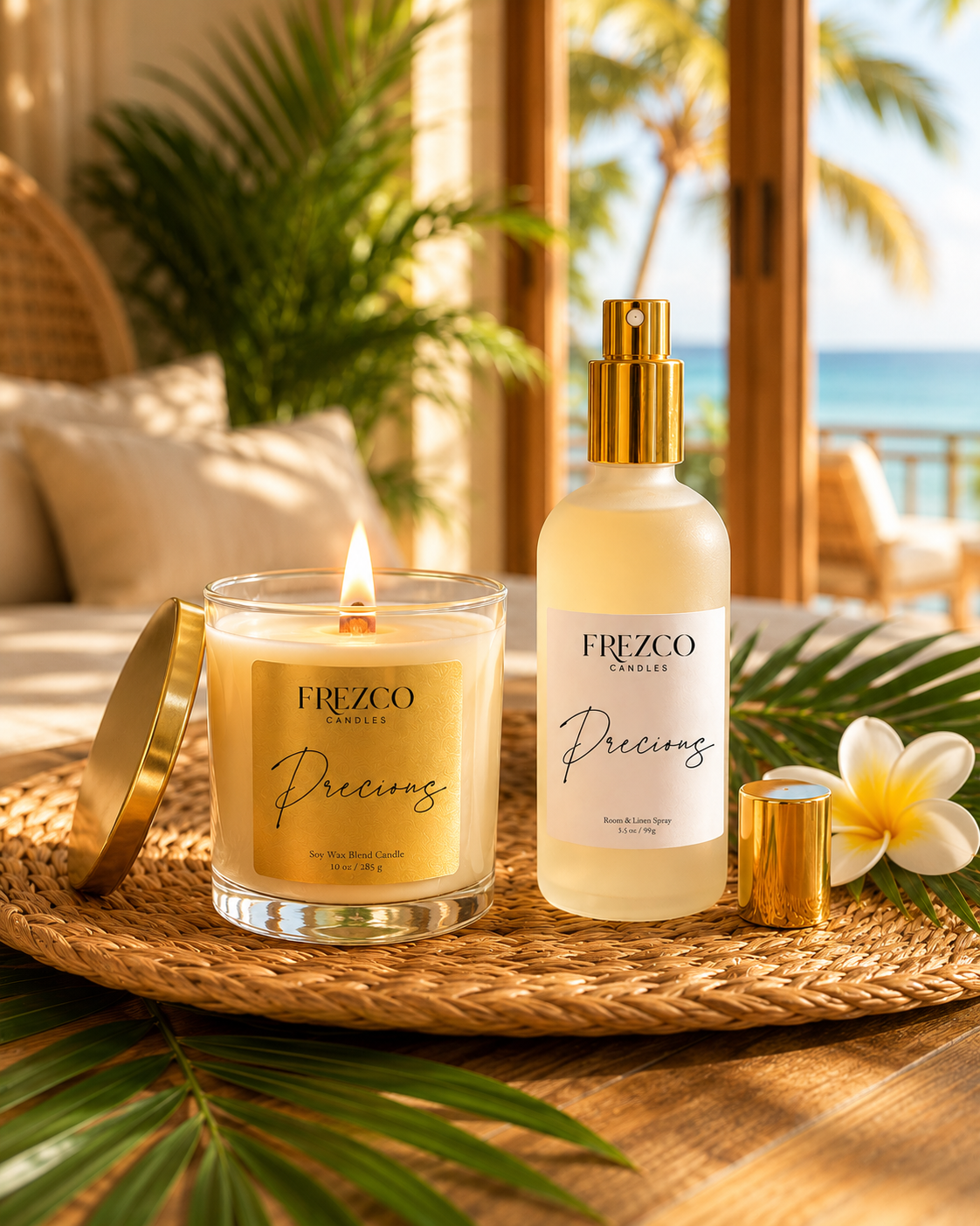 Frezco candles and spray on a tray with a scenic background