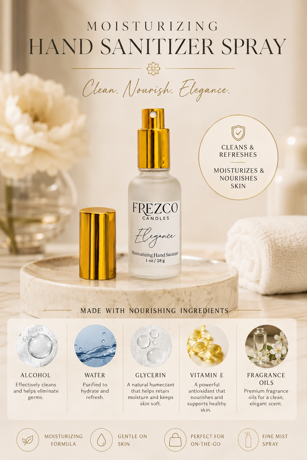 Frezco Candles Moisturizing Hand Sanitizer Spray bottle with a gold pump and cap, displayed on a marble tray with a rolled white towel and decorative flowers. The image includes text overlays describing the product benefits and ingredient highlights.
