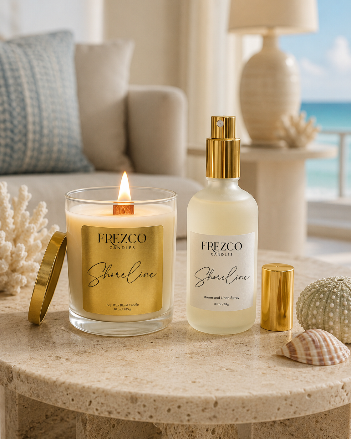 Frezco Candle and Spray on a table with a coastal background