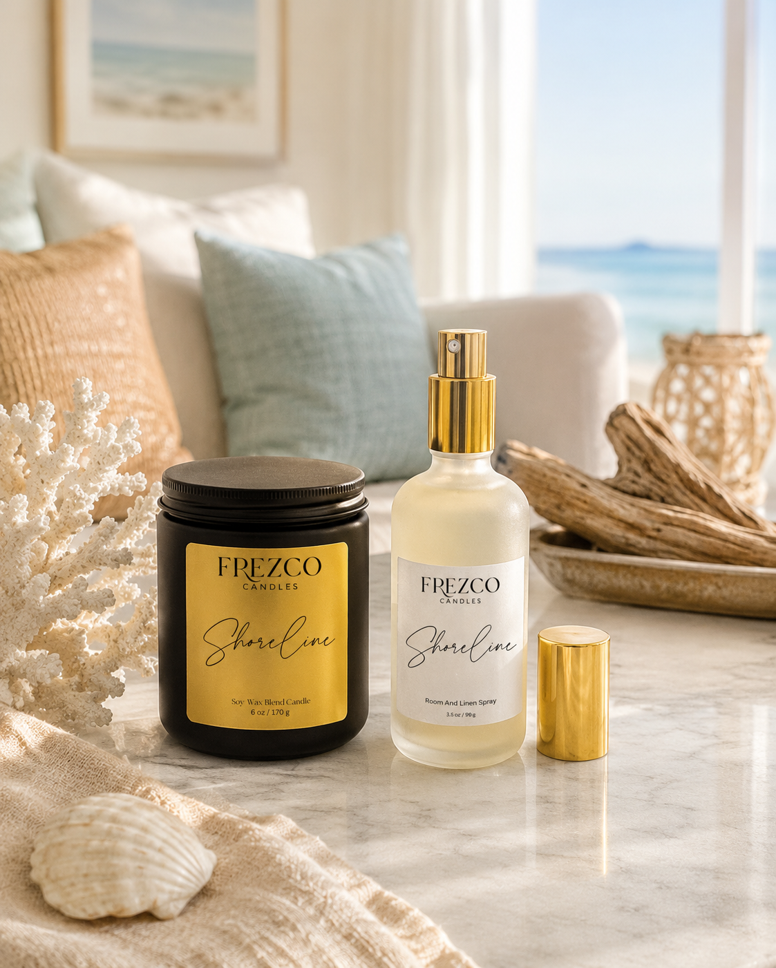 Frezco Candle and spray on a table with a coastal decor background