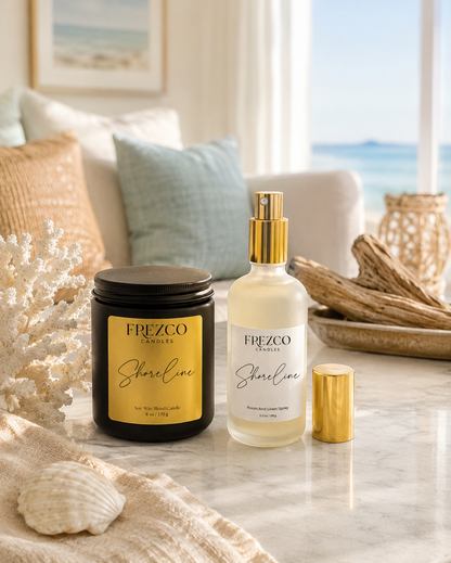 Frezco Candle and spray on a table with a coastal decor background